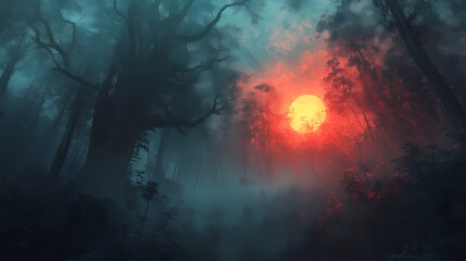 Thick fog blankets a dark, brooding forest, creating an air of mystery , sunset, enchanted. Enchanted Fog. Illustration