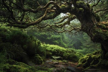 Fototapeta premium Yew Trees Source of Life Saving Cancer Treatments Depict majestic Pacific yew tree Taxus brevifolia ancient forest dark twisted branch stretching over mossy woodland floor scientist carefully extract