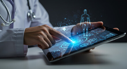 Doctor Using Tablet with Healthcare Technology Interface for Medical Innovation