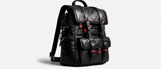 Naklejka premium Black quilted leather backpack with red accents