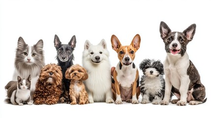 Group of adorable cats and dogs sitting together on white background pet adoption and animal rescue concept