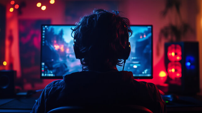 A gamer at a computer in a dark room