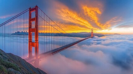 Obraz premium Breathtaking View of Iconic Golden Gate Bridge during Sunset Surrounded by Mist in San Francisco, California, USA