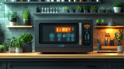 Modern black microwave in kitchen