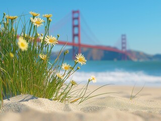 Scenic View of Golden Gate Bridge Framed by Wildflowers on a Beach in San Francisco, California during a Clear Day
