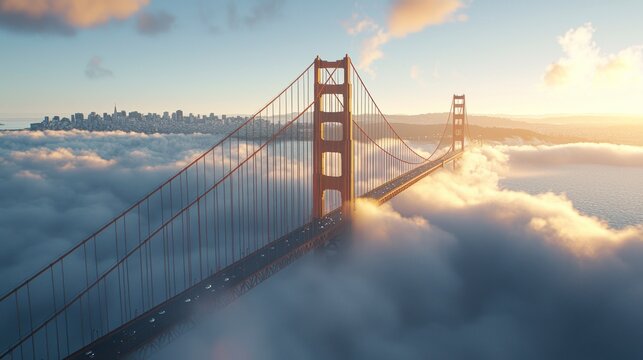 Stunning View of the Golden Gate Bridge Above Clouds in San Francisco During Sunset, High-Quality Gigapixel Photograph