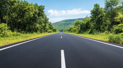 Serene Open Road Flanked by Lush Green Trees Under a Clear Blue Sky in a Scenic Landscape