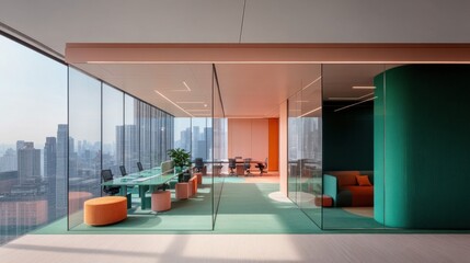 Modern, airy office space with panoramic city views