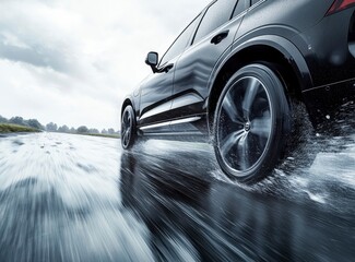 Driving Black Car on Wet Road Demonstrating Safe Tire Performance
