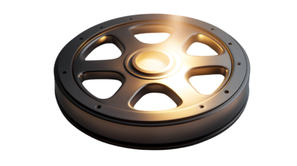 Illuminated Wheel Hub A Detailed View of a Metallic Component with Warm Lighting