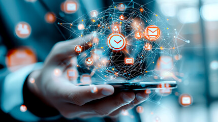 Digital Connections: An elegant shot of a person's hand holding a smartphone as glowing digital icons representing email, notifications, and other digital elements hover above the device.