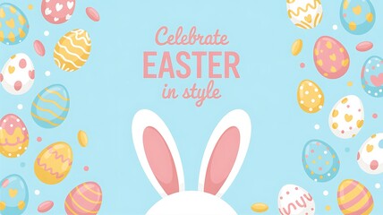 Easter Party Concept with Bunny Ears Colorful Easter Eggs Delicate Spring Flowers on a Pastel Blue Background with Copy Space for Festive Designs Greeting Cards and Holiday Invitations. Easter Holiday