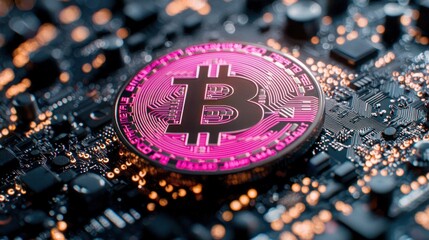Cryptocurrency coin on circuit board