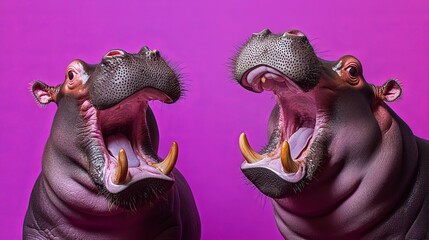 Two hippos yawning wide open mouths on pink background hippo animal wildlife nature photography image