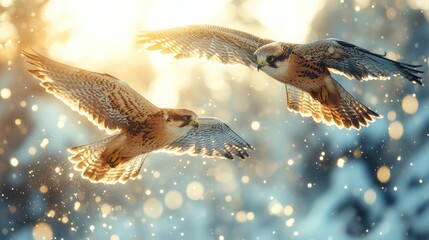 Fototapeta premium Two birds in flight, snowy landscape