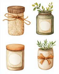 Four jars with plants inside illustrated in watercolor style showcasing innovative plant fiber packaging concepts