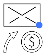 Envelope icon with a blue notification dot, upward arrow, and dollar sign circle. Ideal for communication, finance, growth, success, e-commerce business digital messaging. Flat simple metaphor