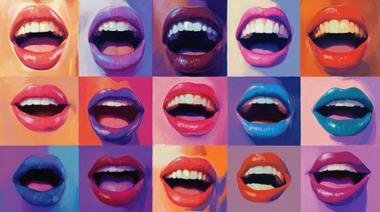 Fototapeta premium Colorful grid of smiling lips expressing joy and happiness