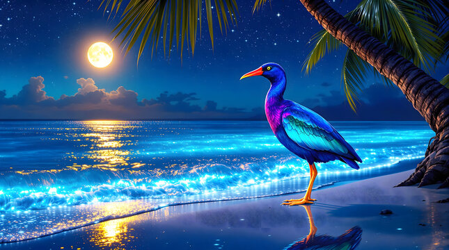 Purple Gallinule Amidst the Enchanted Glow of the Maldives&rsquo; Bioluminescent Shore. 
