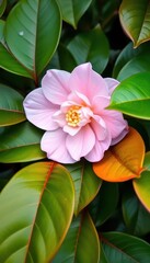Fototapeta premium A single, pale pink camellia flower nestled amongst vibrant green leaves, plant, elegant, blossom