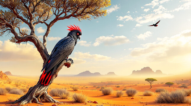 Red-tailed Black Cockatoo Soaring Above the Fiery Red Sands of the Desert. 