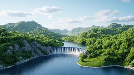 Fototapeta premium Scenic View of Lush Green Mountains with Tranquil River and Majestic Waterfall Under Clear Blue Sky