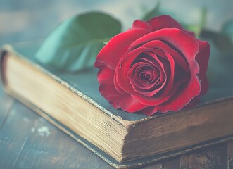 Red Rose Resting on Antique Book Still Life Close Up