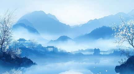 Serene Winter Mountain Scenery in Blue Tones