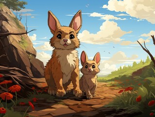 Illustration rabbit and little rabbit son in a beautiful day