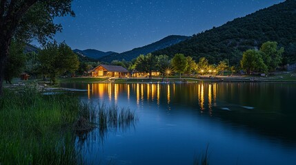 Fototapeta premium Serene Night Scene with Sparkling Water Reflection and Starry Sky in Realistic Photography