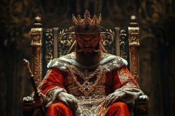 King on Throne Holding Scepter with Red Robe and Golden Crown