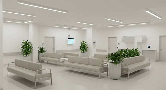 Modern Hospital Waiting Room with Seats and Potted Plants