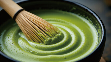 Traditional Japanese Matcha Tea Preparation with Bamboo Whisk in a Black Bowl