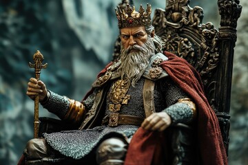 Obraz premium King Sitting on Throne Holding Scepter Wearing Crown and Cape