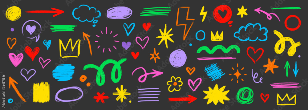 Poster pencil brush shape line element set. hand drawn sketch doodle crayon kid chalk texture color element