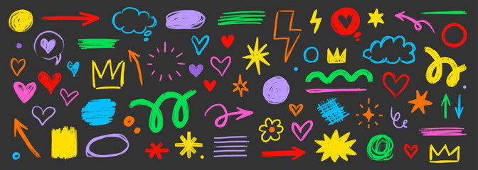 Obraz premium Pencil brush shape line element set. Hand drawn sketch doodle crayon kid chalk texture color element arrow,.heart, crown shape. Chalk pencil brush texture background. Vector illustration