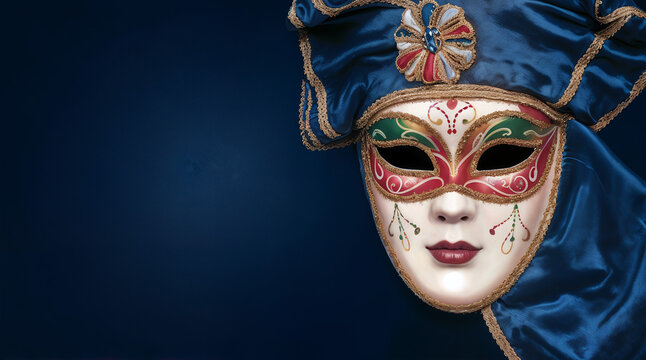 carnival theater acting mask on a blue-black background with space for text