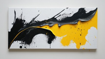 Abstract art piece featuring dynamic black, yellow, and white paint splashes on canvas, showcasing vibrant creativity