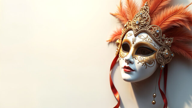 carnival white gold theater acting mask with orange feathers on a white background with space for text