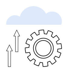 Cloud above gear and upward arrows illustrating technology, innovation, progress, automation, efficiency, growth, optimization. Ideal for business data systems cloud computing concepts. Flat simple