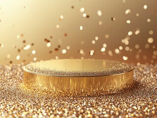 Golden Round Pedestal on Stage with Sparkling Backdrop and Shimmering Confetti for Celebratory Events and Awards