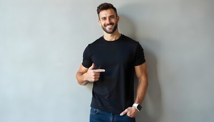 Fototapeta premium Handsome man in black t-shirt pointing for your visual brand mockup