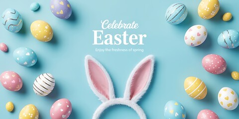 Easter Party Concept with Bunny Ears Colorful Easter Eggs Delicate Spring Flowers on a Pastel Blue Background with Copy Space for Festive Designs Greeting Cards and Holiday Invitations. Easter Holiday