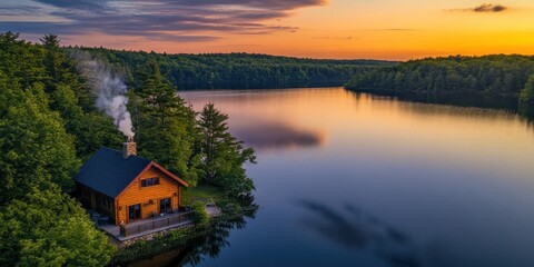 Obraz premium A Cozy Cabin Nestled Beside a Calm Lake During Golden Hour