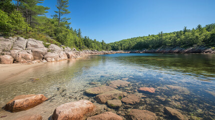 Secluded Rocky Beach with Clear Water and Lush Greenery