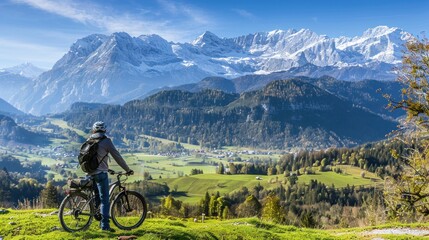 Cyclist Admiring a Breathtaking Mountain Landscape with SnowCapped Peaks and Lush Green Valley