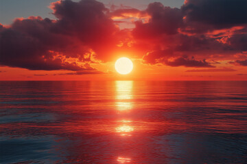 Fototapeta premium Red sunset over the ocean with glowing orange sun and dark sky