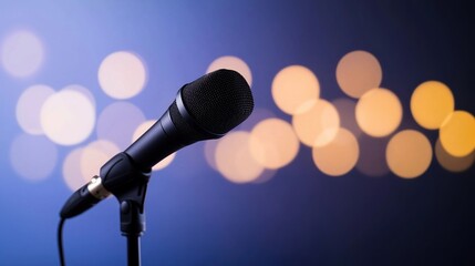 Obraz premium black microphone on stand with blurred bokeh background, creating vibrant and professional atmosphere