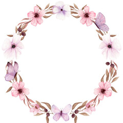 Fantasy brown and light purple twigs, butterfly, berries and flowers wreath by watercolor.