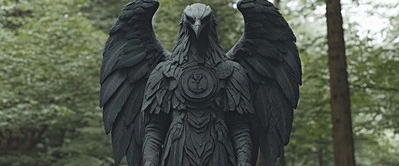 Fototapeta premium Dark mythical bird statue in forest